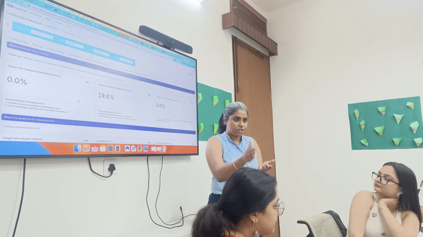 A facilitator presenting a dashboard on screen to a partner team