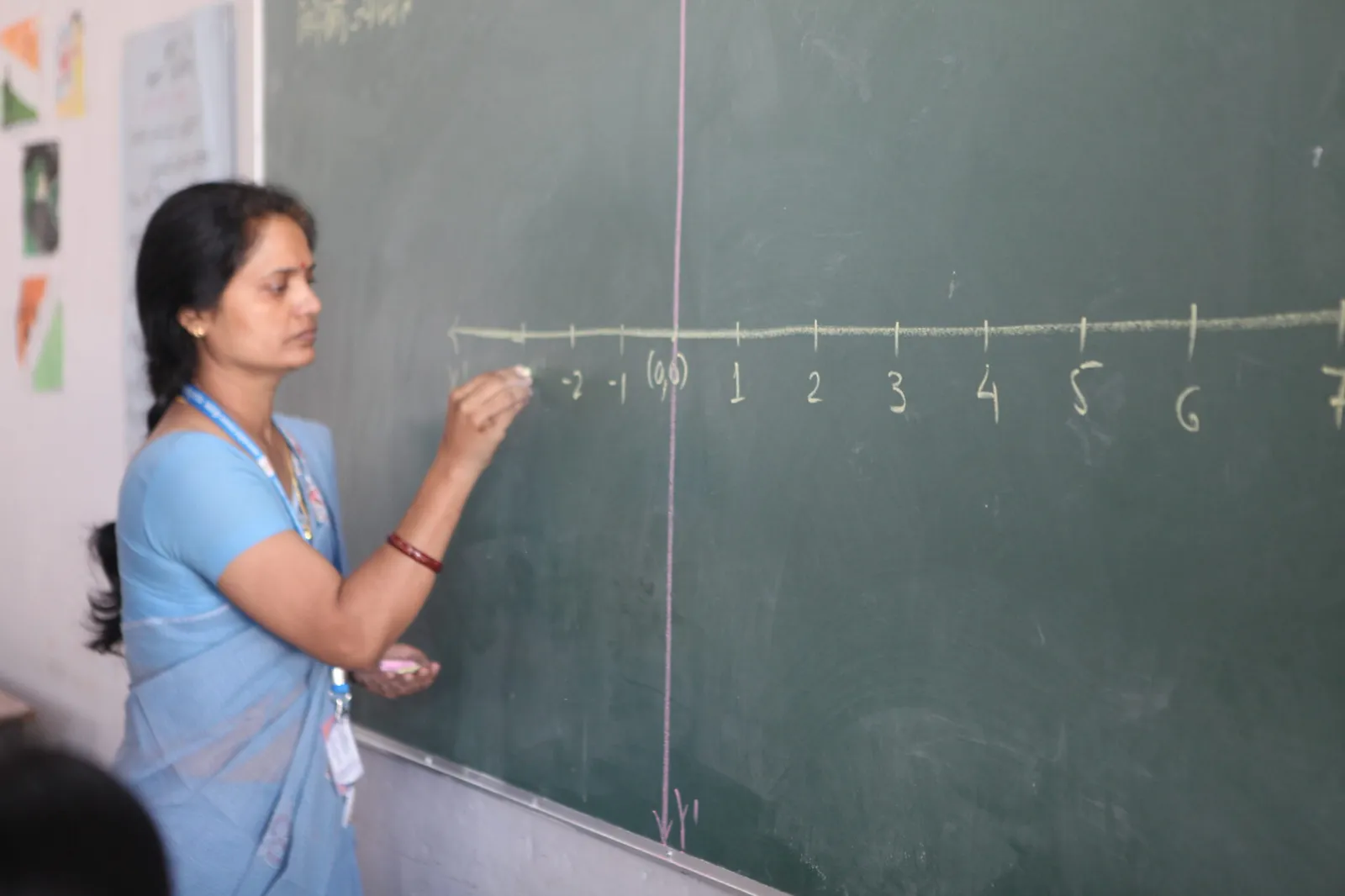 A teacher marking a number line on a classroom blackboard