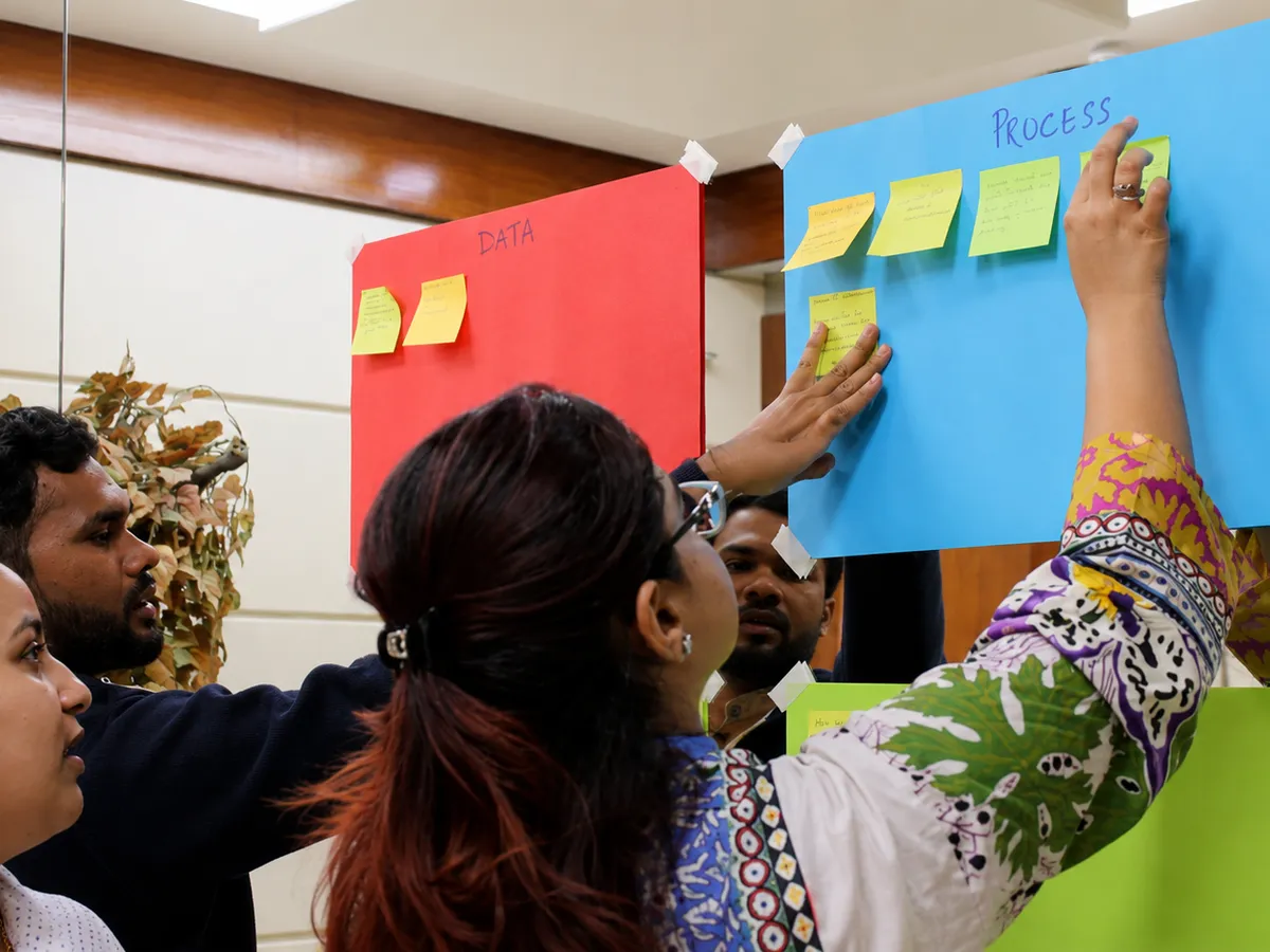 Affinity mapping on coloured boards during a design workshop